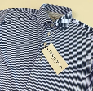 Collars & Co Dress Collar Blue White Vertical Stripe Mens Small Polo Shirt New - Picture 1 of 11