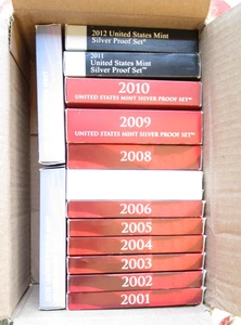 LOT OF 14 U.S. MINT SILVER PROOF SETS 2001 - 2014 with COA's - Picture 1 of 11