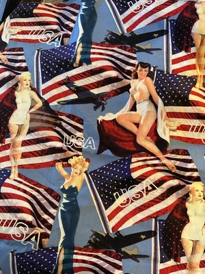 1 yd New Robert Kaufman-Retro 1940's Pinup Girls American Flags D3275 Fabric - Image 1 of 3