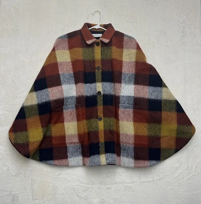 Outerknown Cape Poncho Womens One Size Wool Rust Plaid Button Collared Lined - Image 1 of 4