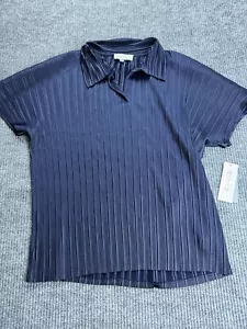 Nanette Lepore Shirt Women’s Large Navy Crinkle Collared V-Neck Dressy Blouse - Picture 1 of 10
