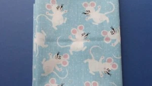 2 fat quarters of polycotton with fun white mice with pink/black on light blue - Picture 1 of 1