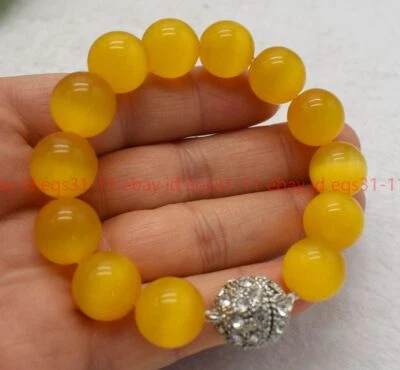 Stunning 14mm Yellow Cat's Eye Opal Round Gemstone Beads Bracelet 7.5 Inch - Image 1 of 4