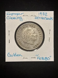 1952 Netherlands Gulden Silver World Coin 1 Gulden “feb80” Improperly Cleaned - Picture 1 of 20