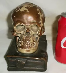 ANTIQUE ARMOR BRONZE CLAD MEDICAL SKULL MANTEL BOOKEND HUMAN STATUE SCULPTURE 1 - Picture 1 of 11