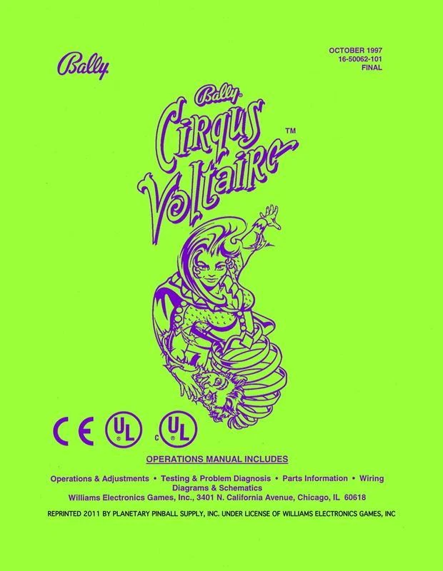 Cirqus Voltaire Pinball Operations/Service/Repair Manual Circus Bally PPS 2B/sC - Image 1 of 1