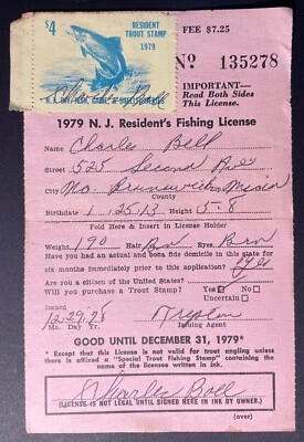 New Jersey 1979 Resident Fishing License #135278 - used - w/Trout Stamp - NJ - Image 1 of 2