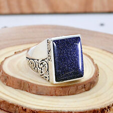 Blue Goldstone Rectangle Cut 925 Sterling Silver Turkish Style Men's Ring