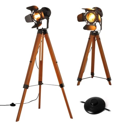 Industrial Tripod Floor Lamp for Living Room, Adjustable Height Black Wooden ... - Image 1 of 4