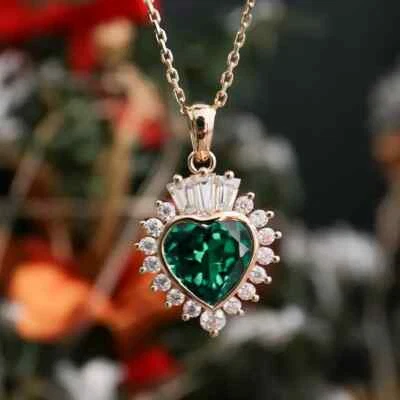 2Ct Heart Cut Lab-Created Green Emerald Halo Pendant 14K Yellow Gold Plated 18" - Image 1 of 4