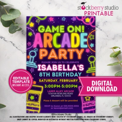 Girl Arcade Party Birthday Invitation Printed Neon Glow Video Gaming Invite - Image 1 of 3