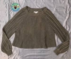 American Eagle Olive Green Chunky Knit Cropped Sweater Balloon Sleeve Large - Picture 1 of 6