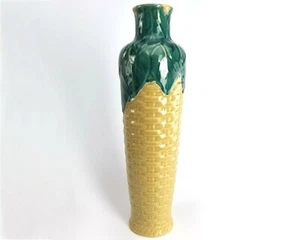 Vintage Tall Flower Vase Dark Butter Yellow Ceramic Green Majolica Leaves 18" - Picture 1 of 9