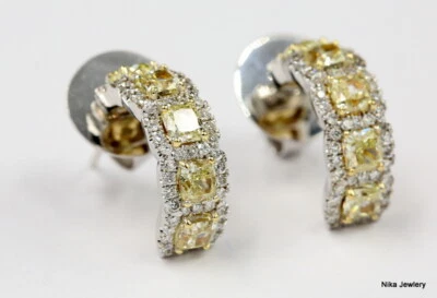 Pendientes tipo argolla de diamantes naturales amarillos de lujo de oro blanco de 18 quilates de 3,21 quilates Foto 1 de 4