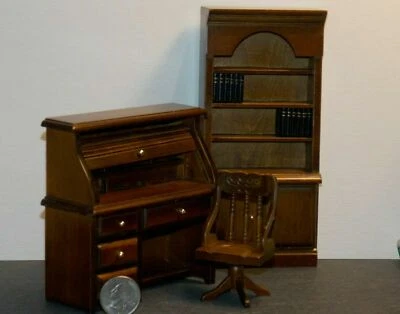 Dollhouse Miniature Office Desk Set Walnut 1:12 inch scale E20 Dollys Gallery - Image 1 of 4