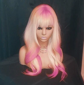 Long Platinum Blonde Pink Ombre Balayage Wig - Long Wavy Rainbow Multicolor Hair - Picture 1 of 5