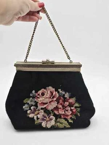 Vintage Retro Needlepoint Black Purse Floral Design 10 3/4" Wide - Picture 1 of 15