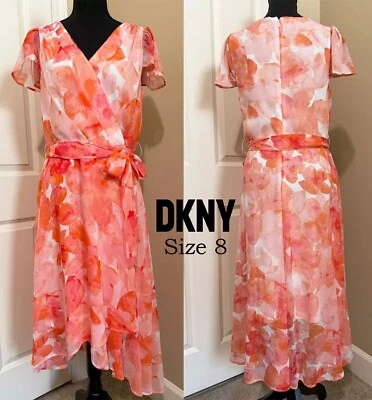 DKNY Coral Color Floral Chiffon Faux Wrap Dress NWT Size8 - Image 1 of 4
