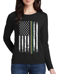 Mardi Gras Beads American Flag Women's Long Sleeve T-Shirt Carnival Party - Picture 1 of 6