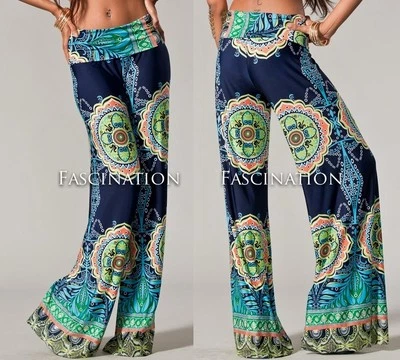 EE. UU. Nuevos PANTALONES ALTOS JUP para mujer plegables azul marino hippie tribal palazzo s m Foto 1 de 4