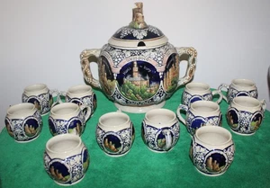 Vtg Gerz German Rumtopf Castle Stoneware Punch bowl Tureen Set w/12 Mugs Germany - Picture 1 of 17
