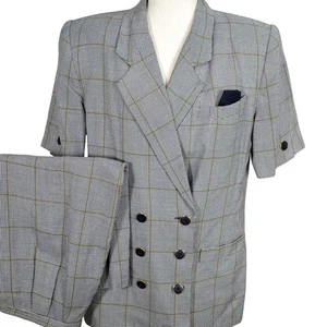 ASL Kasper Skirt Suit Women 12 Navy Yellow Houndstooth Plaid Double Breasted VTG - Picture 1 of 15