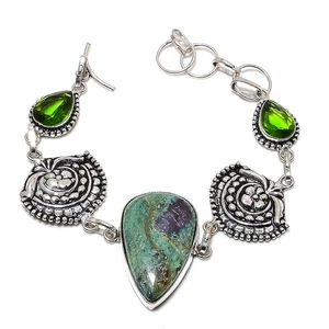 Natural Ruby Fuchsite, Peridot Gemstone 925 Sterling Silver Bracelet 7-8" B569 - Picture 1 of 5