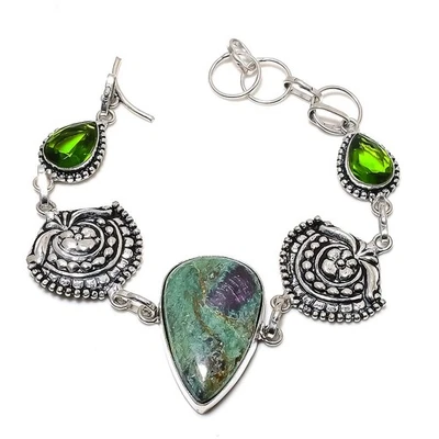 Natural Ruby Fuchsite, Peridot Gemstone 925 Sterling Silver Bracelet 7-8" B569 - Image 1 of 4