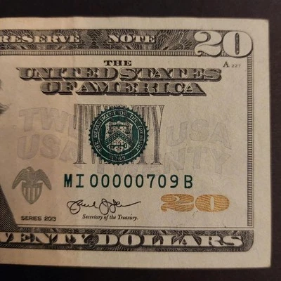 2013 $20 MINNEAPOLIS LOW THREE DIGIT 00000709 NEAT AU SUPER RARE COLLECTIBLE XL - Image 1 of 3