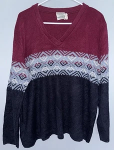 Vintage Fashion Bug Sweater XL 14-16 Maroon Blue Long Sleeve V-Neck - Picture 1 of 3