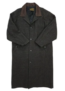 Vintage Eddie Bauer Wool Overcoat Men's Medium Plaid Leather Collar USA Made - Picture 1 of 12