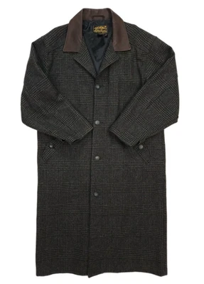 Vintage Eddie Bauer Wool Overcoat Men's Medium Plaid Leather Collar USA Made - Image 1 of 4