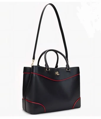 Ralph Lauren Two-Tone Supple Leather Large Marcy Satchel Bag Black/Red $495 NEW - Image 1 of 4