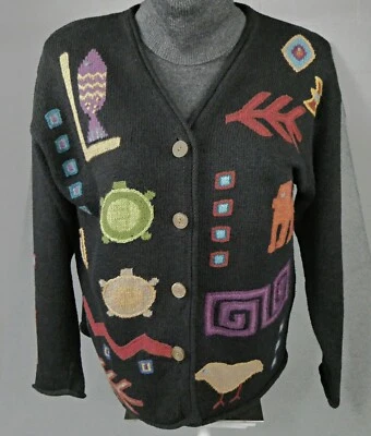Northern Isles Cardigan Sweater Large Black Aztec Art to Wear Women Southwestern - Image 1 of 4