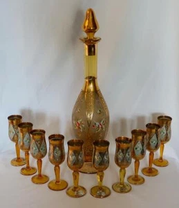 Bischoff Cherry Wine Hand Blown 16" Decanter & 10 Sherry Wine Glasses 5 1/8" Set - Picture 1 of 20