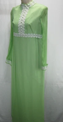 VESTIDO MAXI GRADUACIÓN MOD Verde Años 60 70 De Colección Gasa BOHO Mangas Obispo IMPERIO Talla 8 Foto 1 de 4
