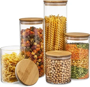 Set of 5 Glass Kitchen Canisters with Airtight Bamboo Lid Clear, Brown - Picture 1 of 9