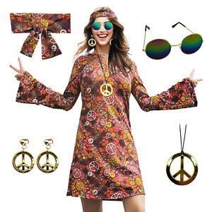 Yoomnol 60s 70s Hippie Costumes Dress Necklace Earrings Women Disco Outfit Party