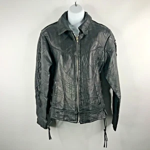 Navarra Motorradjacke Kroko-Prägung schwarz Büffelleder bestickt Rose Größe S - Bild 1 von 9