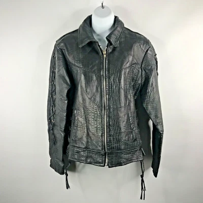 Navarre Croc 压花黑色水牛皮革刺绣玫瑰摩托夹克 S 码 — 第 1/4 张图片