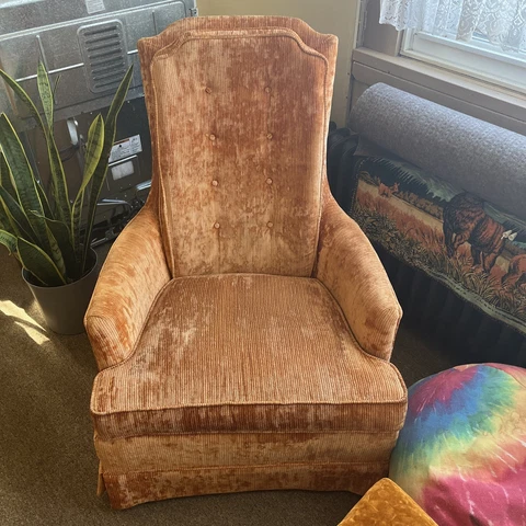 Vintage Hollywood Regency Style Mid Century Lounge Chair Orange Tufted Kaufmanns Cover
