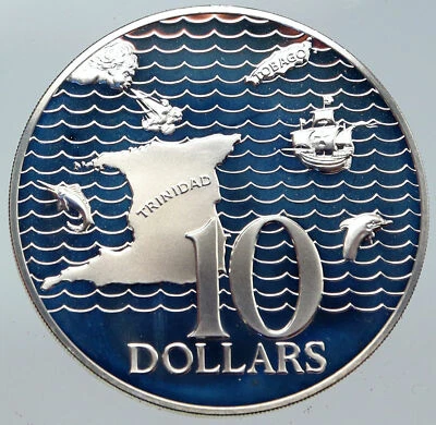 1972 TRINIDAD and TOBAGO Islands 10th HUGE 4.2cm Proof Silver $10 Coin i86239 - Image 1 of 3