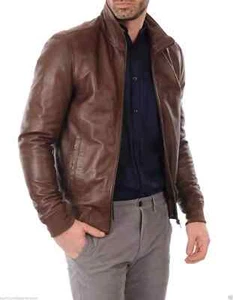 Men's Full Zipper Brown Genuine Lambskin Stylish Bomber Real Leather Jacket Soft - Picture 1 of 5