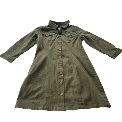 Allegra K Women’s Denim Dress Button Down 3/4 Sleeve Collar Olive Green Small — 第 1/4 张图片