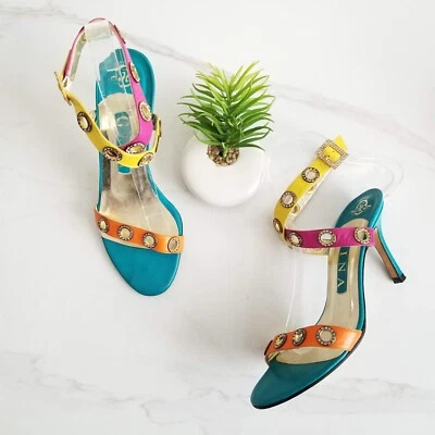 Gina Made England Colorblock Sandals Heels Studded Buckle Strap Shoes Womens 6.5 - Image 1 of 4