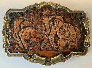 Great American Chicago Brass Belt Buckle With Leather Insert Fly Fishing 198 USA - Picture 1 of 7