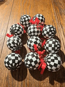 Lot of 11 Retro Checkered Black White Glitter Ornaments w/ Red Ribbon 7" - Picture 1 of 3