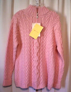 NWT ARAN CRAFTS IRELAND PINK ZIPPER FRONT LONG SLEEVE HAND KNIT SWEATER LARGE - Picture 1 of 5