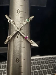 Sterling Silver X Criss Cross multi stone and Cubic Zirconia Ring Size 6 - Picture 1 of 4