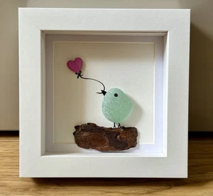 Sea Glass Beach Art Bird Love Framed Wall Picture - Handmade Gift - Picture 1 of 5
